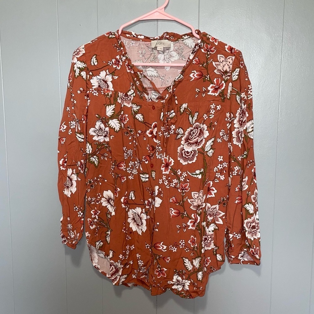Loft Brown Floral Button Down Tie Neck Long Sleeve Blouse Medium